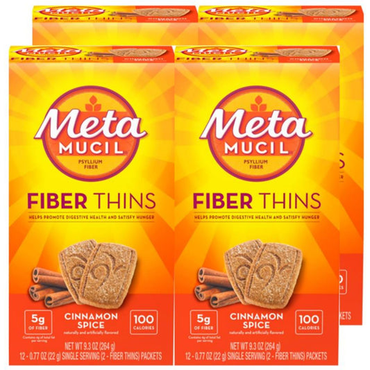 Metamucil Cinnamon Spice Fiber Thins bottle pour for on-the-go fiber support.