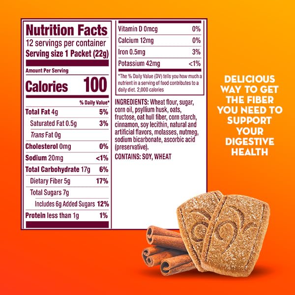 Metamucil Cinnamon Spice Fiber Thins ingredient list highlights psyllium husk fiber.