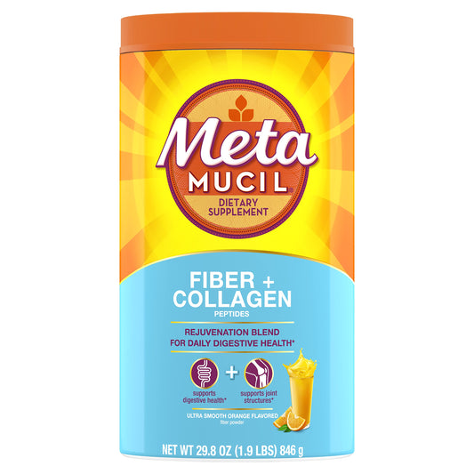 Metamucil Daily Fiber Collagen bottle on kitchen counter promotes daily digestive support.