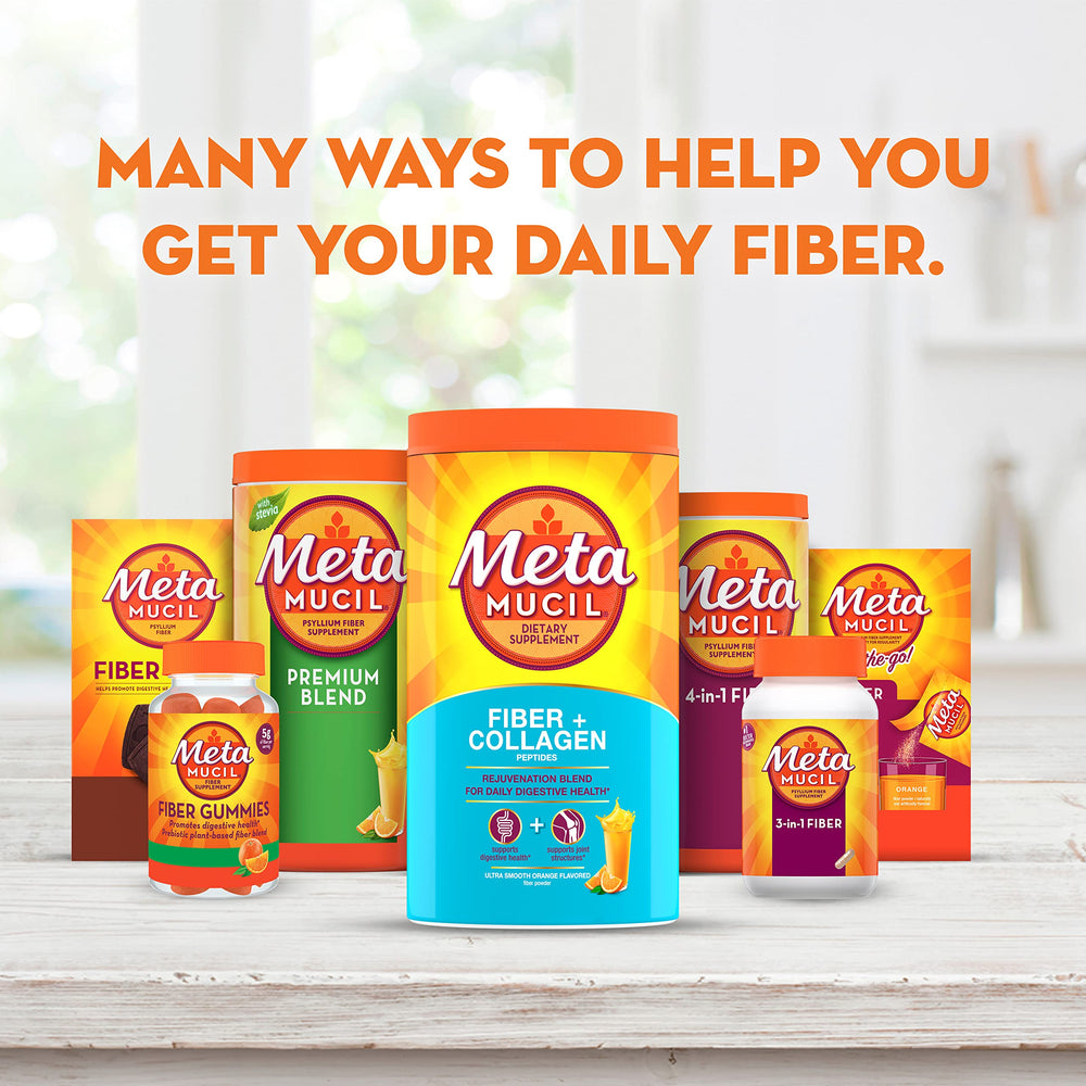 Metamucil breakfast setup with orange drink beside healthy foods.