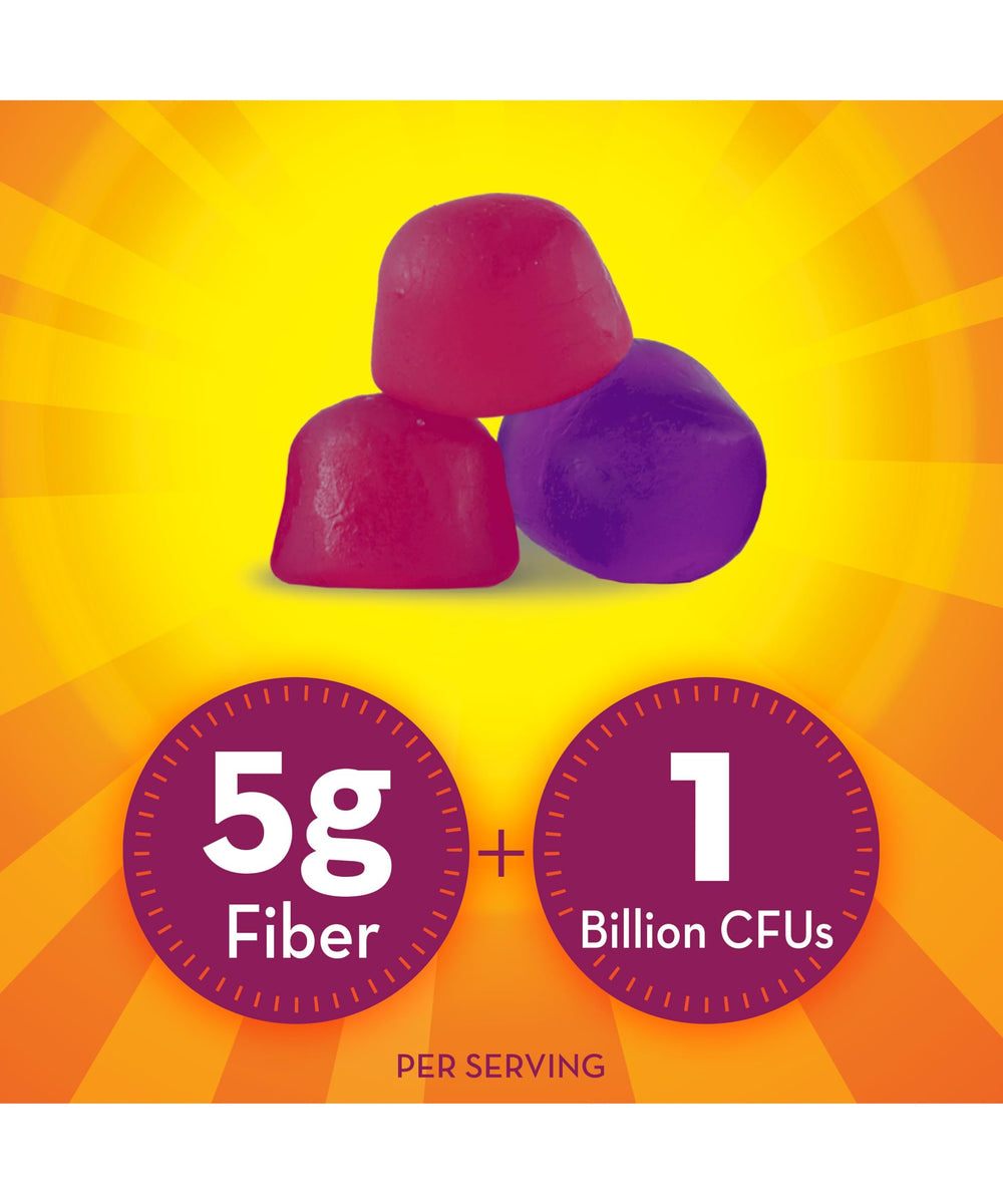 Metamucil Fiber Gummies with probiotics label highlighting 1 billion CFUs per serving.