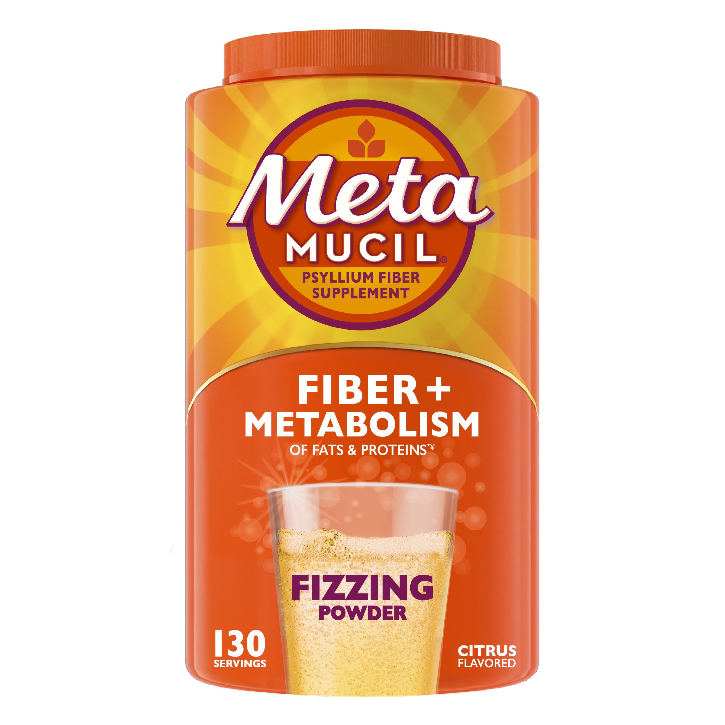 Metamucil Fizzy Fiber Metabolism bottle pouring with citrus fizz for daily fiber