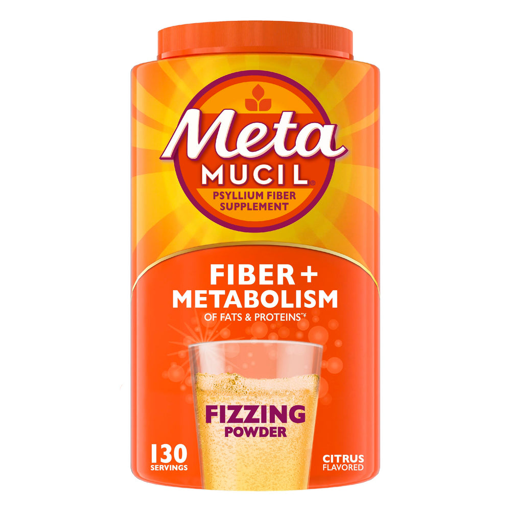 Metamucil Fizzy Fiber Metabolism bottle pouring with citrus fizz for daily fiber