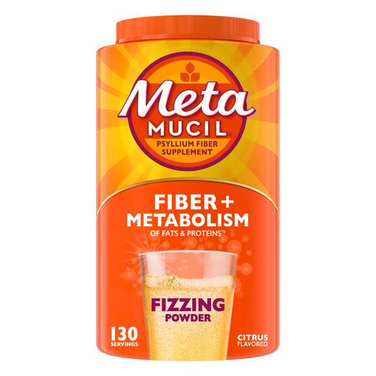Metamucil Fizzy Fiber Metabolism bottle pouring with citrus fizz for daily fiber