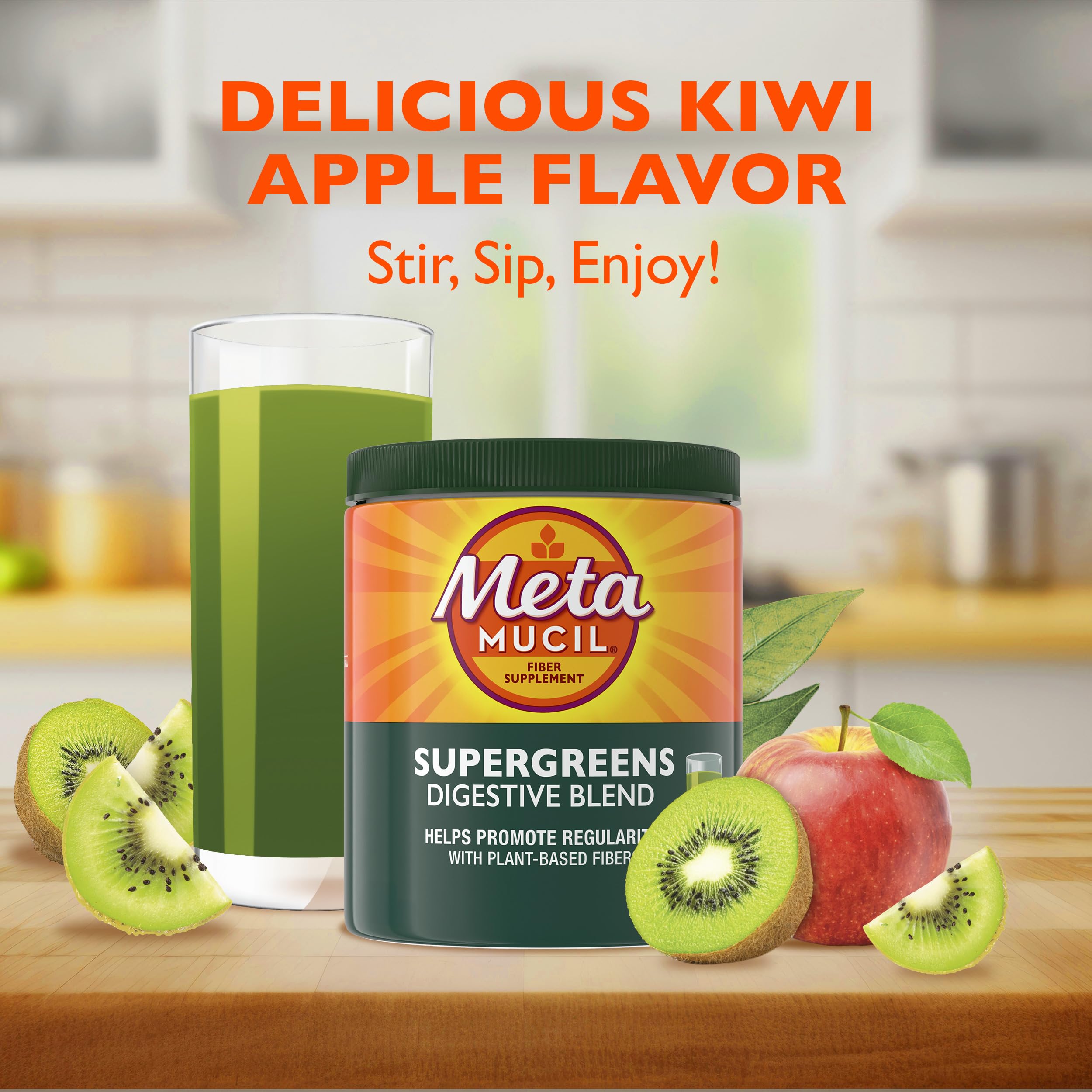 Metamucil Greens powder dissolving in a glass for easy mixing.
