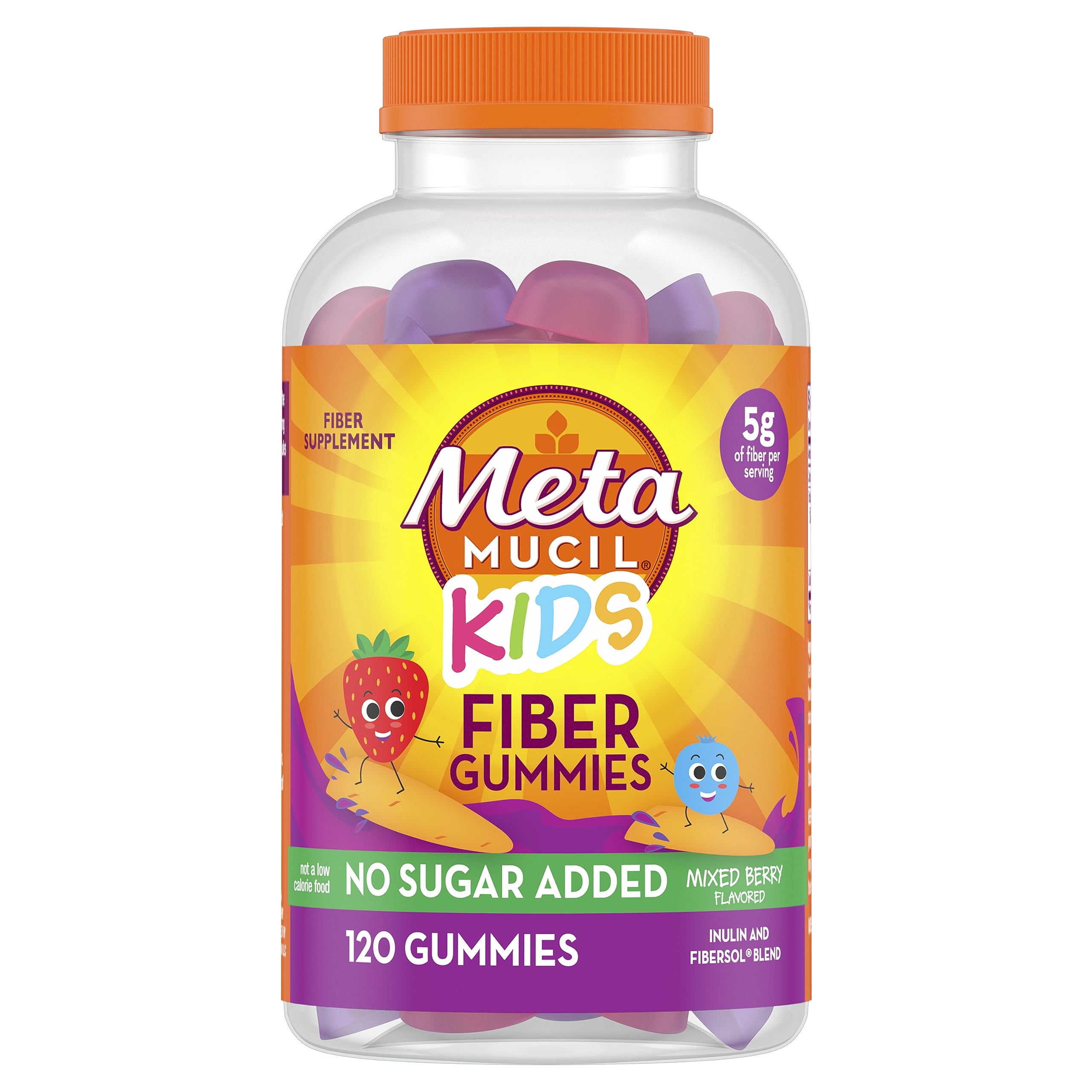Metamucil Kids Fiber Gummies bottle pours with mixed berry flavor for easy daily fiber for kids.