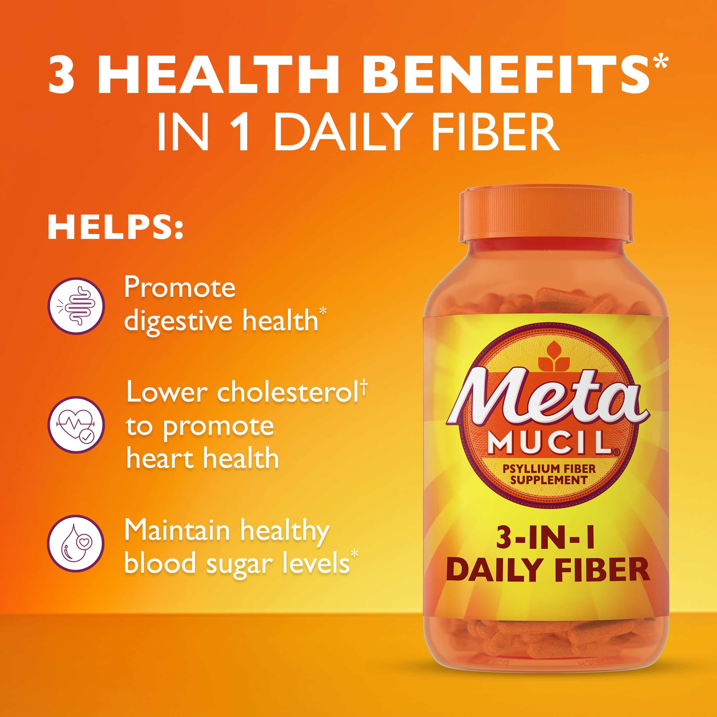 Metamucil label detail highlighting the 3-in-1 psyllium capsule fiber formula.