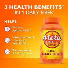 Metamucil label detail highlighting the 3-in-1 psyllium capsule fiber formula.
