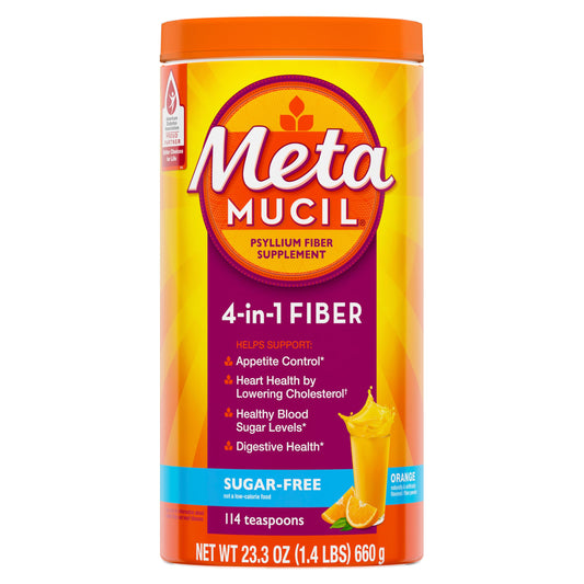 Metamucil orange flavor powder tub for daily fiber support.