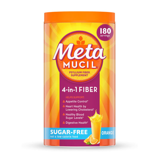 Metamucil orange flavor powder in tub supports daily fiber intake