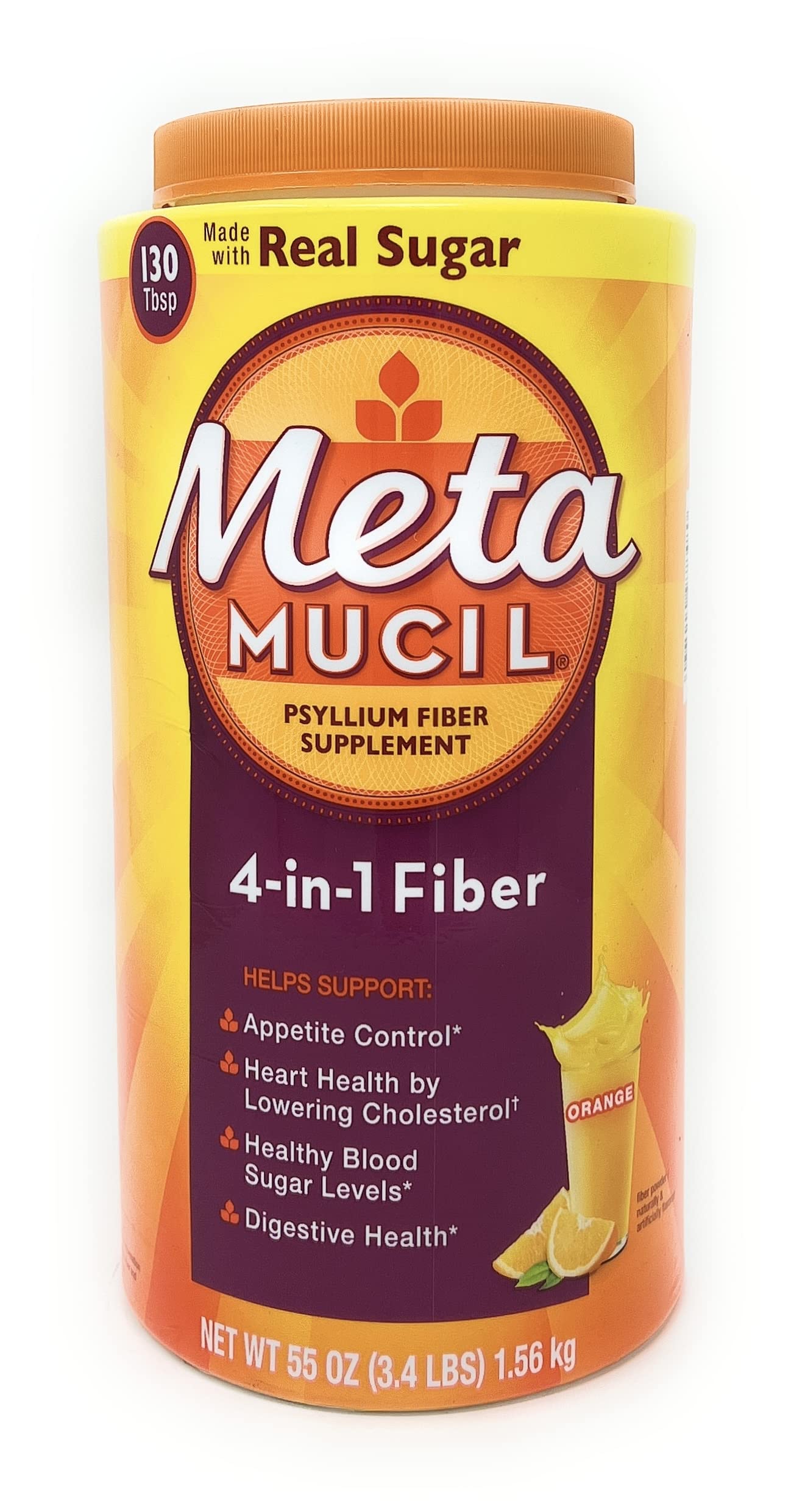 Metamucil orange powder tub showcases flavor and large container.