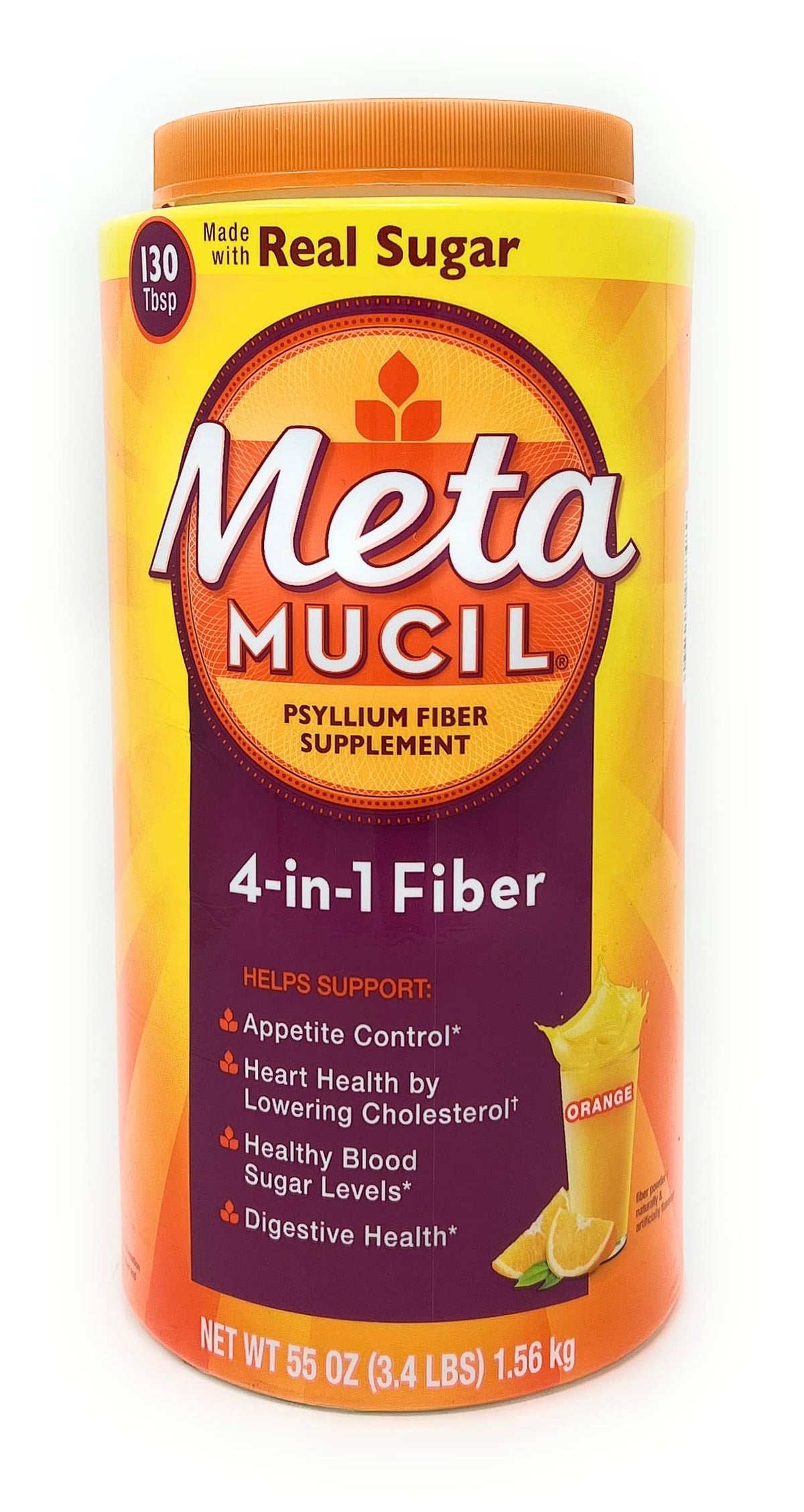 Metamucil orange powder tub showcases flavor and large container.