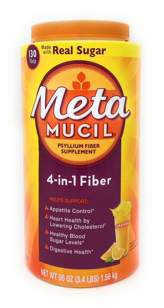 Metamucil orange powder tub showcases flavor and large container.