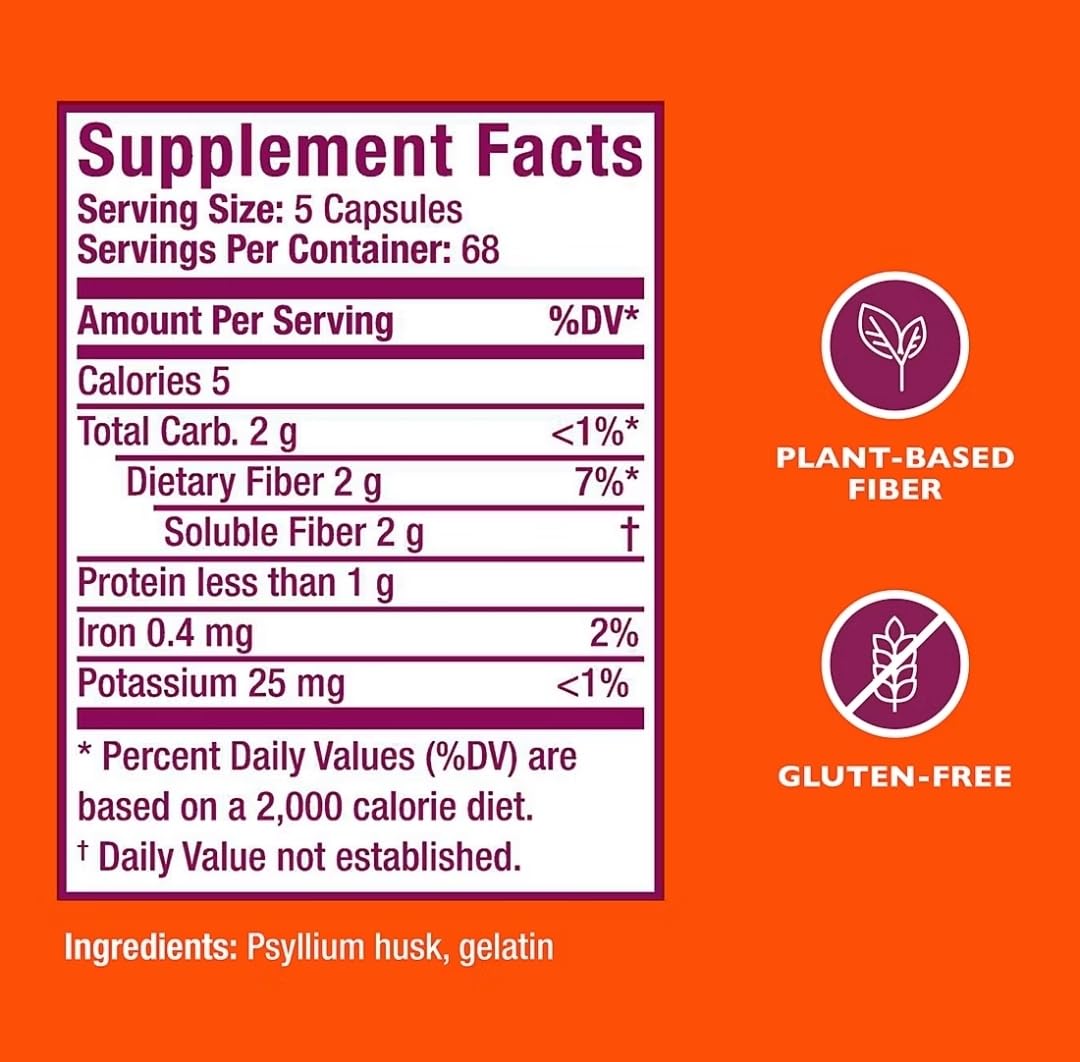 Metamucil plant-based psyllium husk info on packaging.
