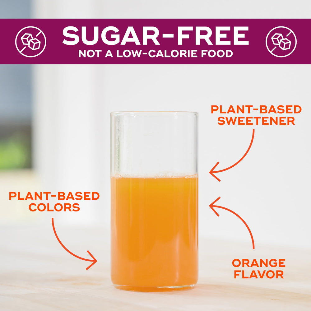 Orange-flavored bottle with label highlighting sugar-free sweetness for daily use
