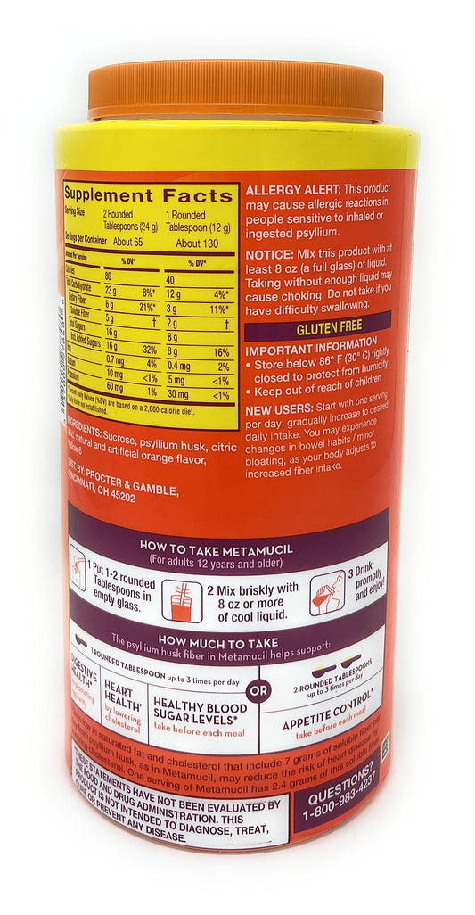 Metamucil psyllium fiber ingredient label highlights plant-based fiber.