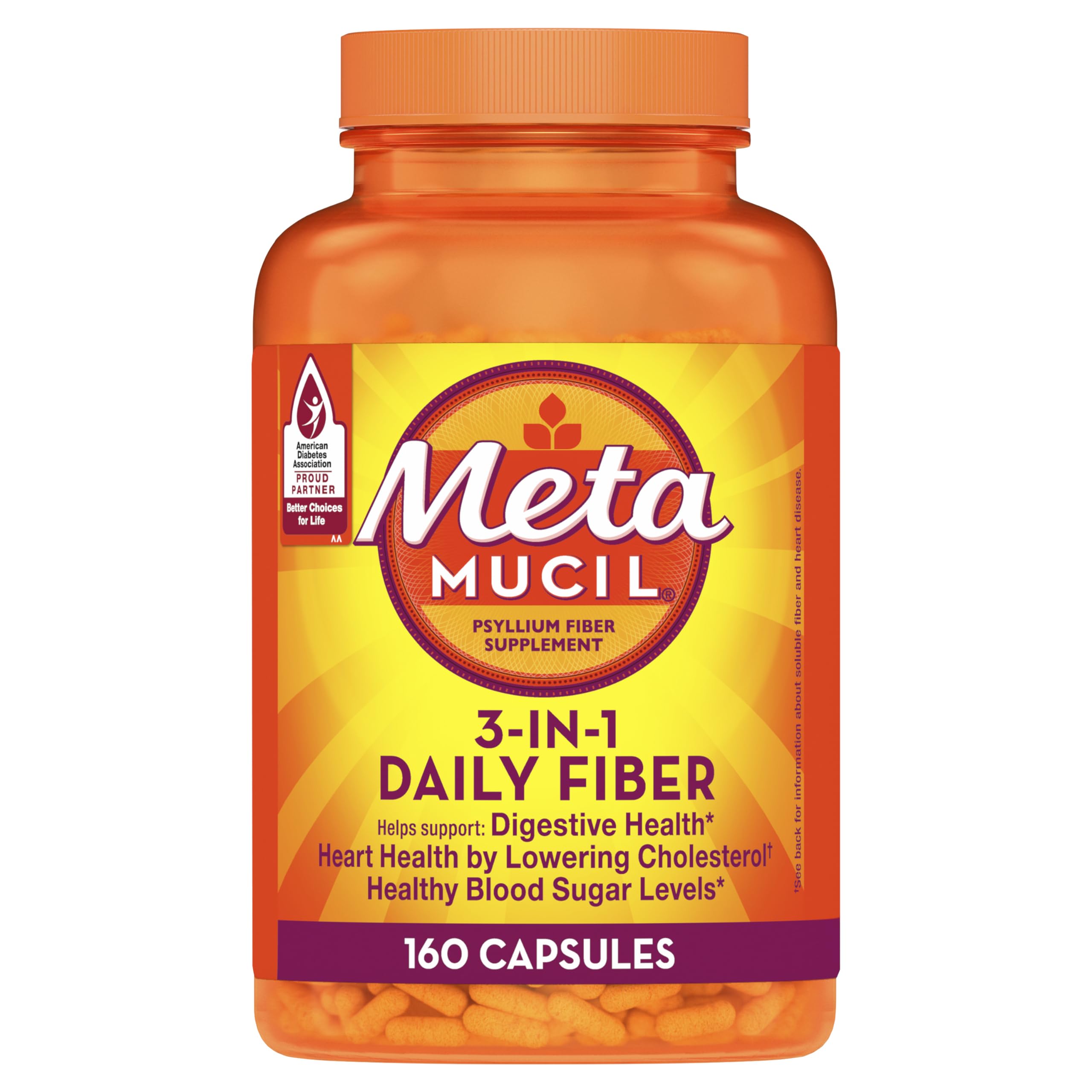 Metamucil psyllium husk fiber bottle front view for daily digestive support.