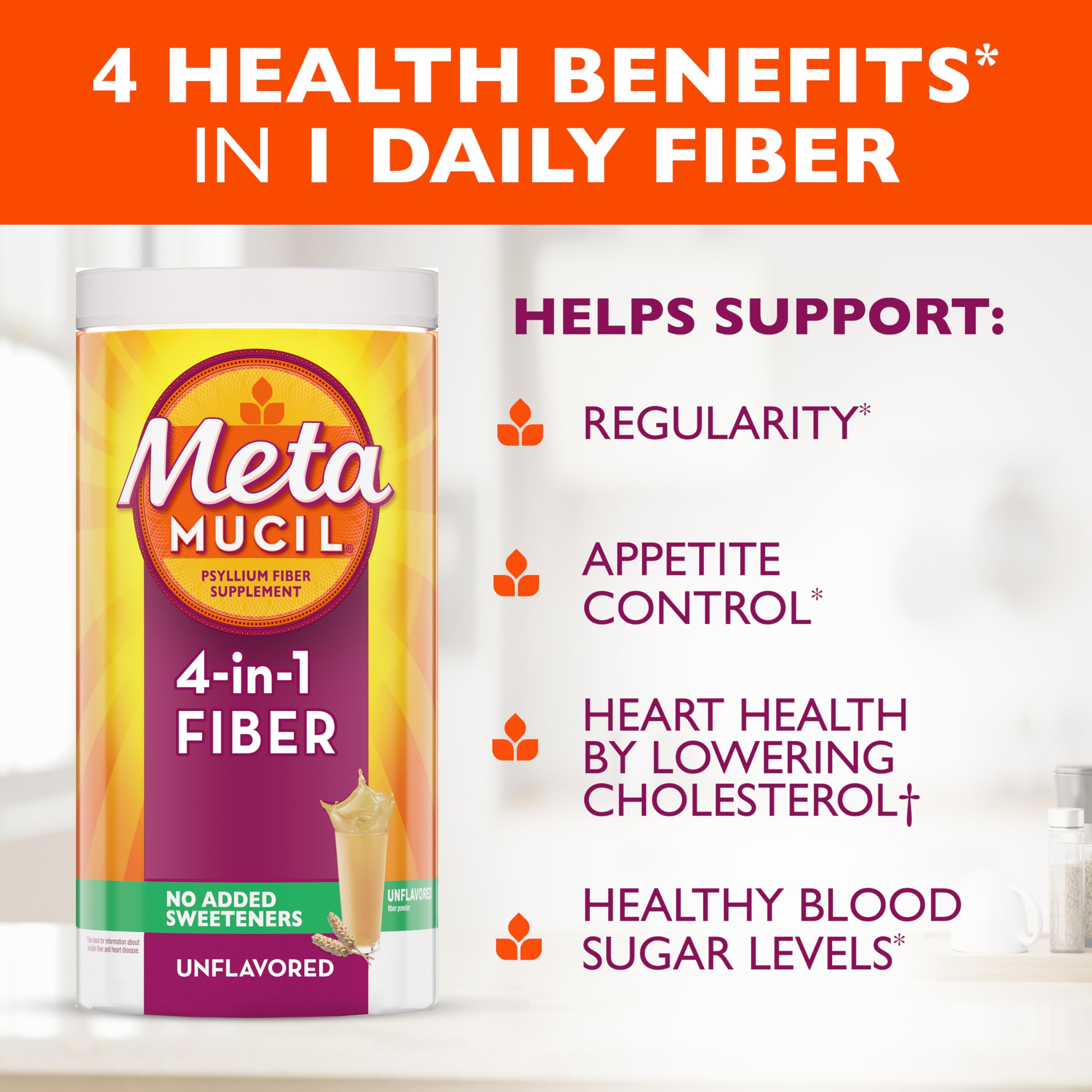 Metamucil psyllium husk scoop highlights convenient daily fiber measurement.