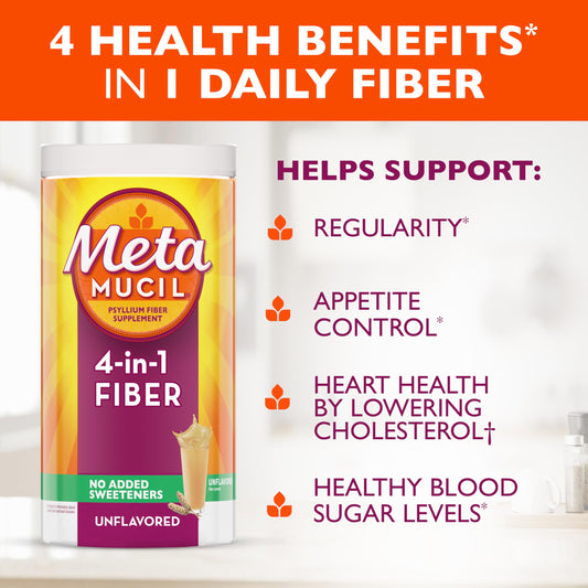 Metamucil psyllium husk scoop highlights convenient daily fiber measurement.