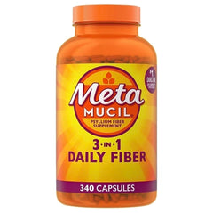 Metamucil trusted fiber brand on bottle label.