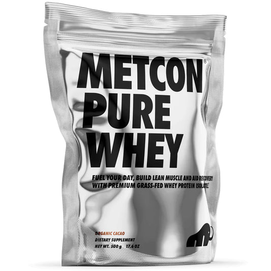 MetCon Whey Protein Isolate cocoa bottle showcases premium grass-fed formula for clean nutrition.