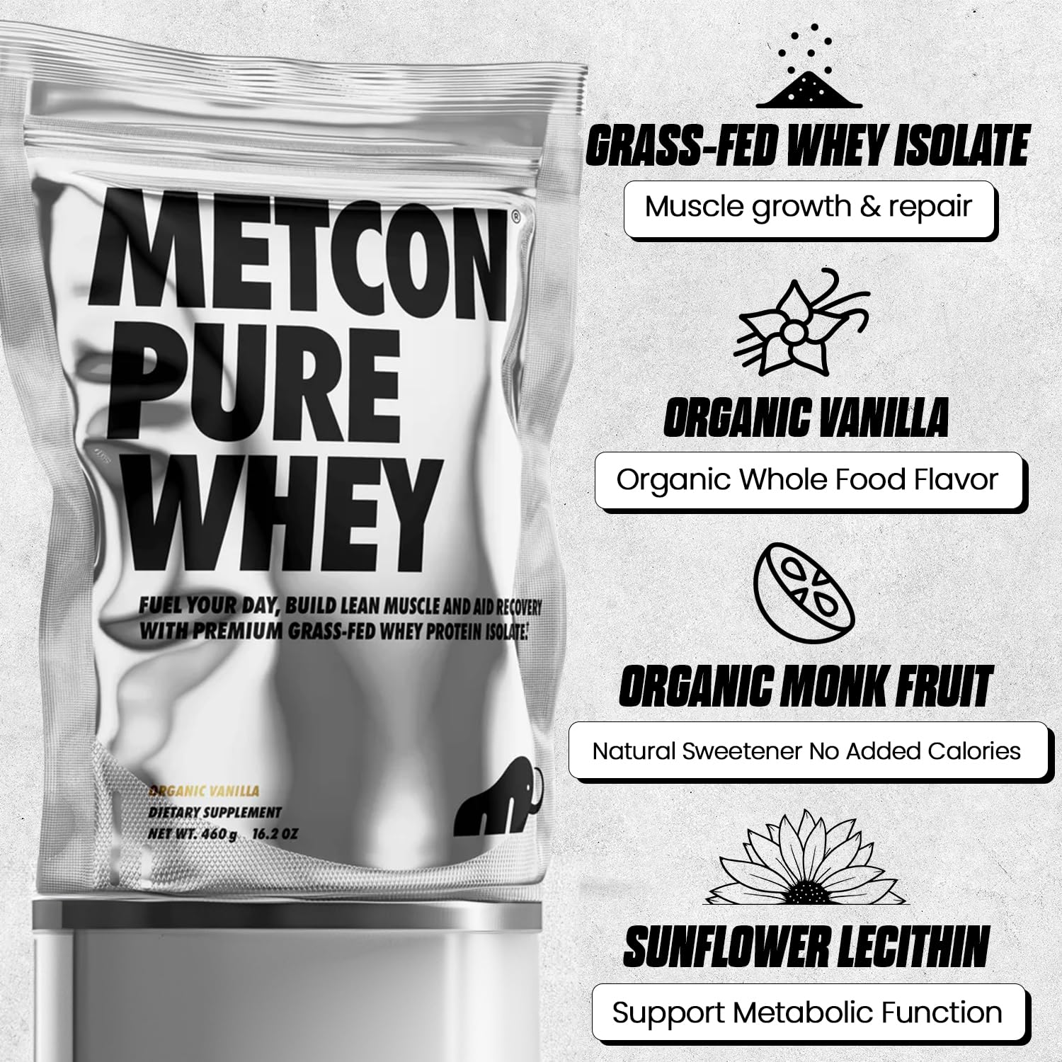 MetCon Whey Protein Isolate grass-fed powder sits on a kitchen scale.