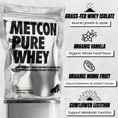 MetCon Whey Protein Isolate grass-fed powder sits on a kitchen scale.