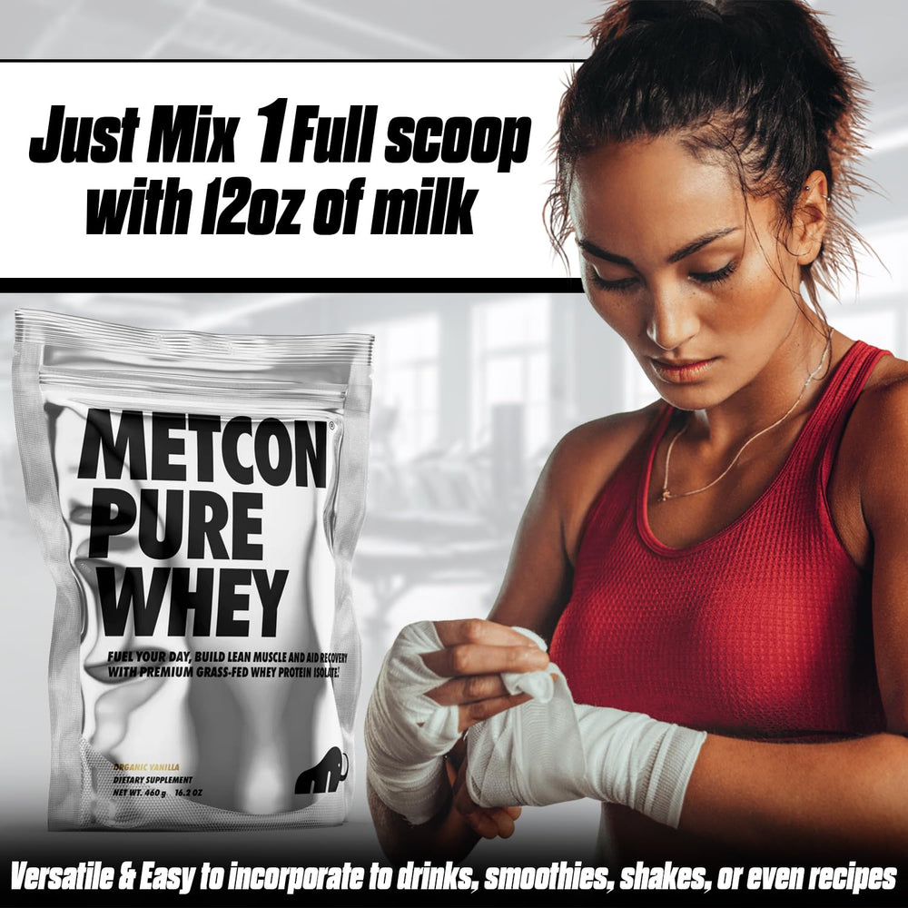 MetCon Whey Protein Isolate label features a GMP seal for trusted quality.