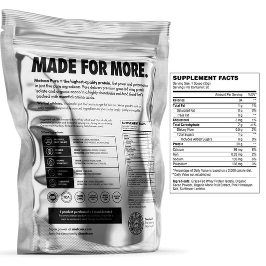 MetCon Whey Protein Isolate powder with scoop highlights grass-fed, 5-ingredient premium protein.