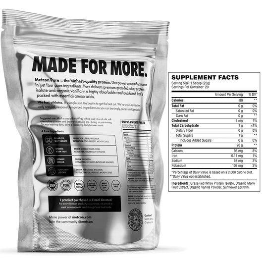 MetCon Whey Protein Isolate scoop close-up reveals powder texture for smooth shakes.