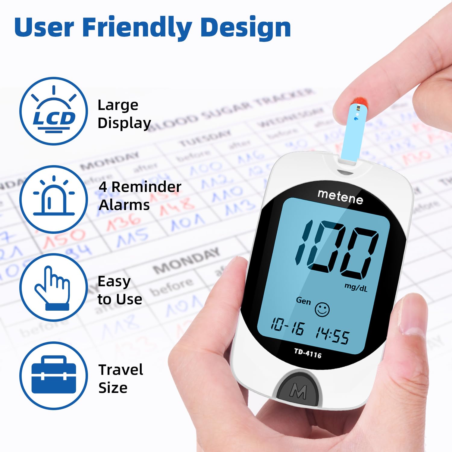 Metene TD-4116 control solution bottle for meter accuracy checks.