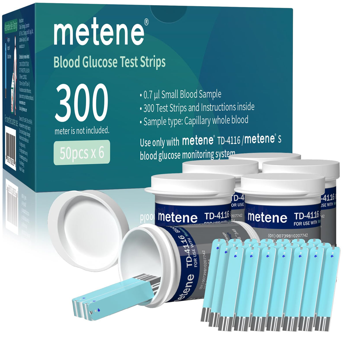 Metene TD-4116 test strip box front showing packaging and quantity for easy stocking