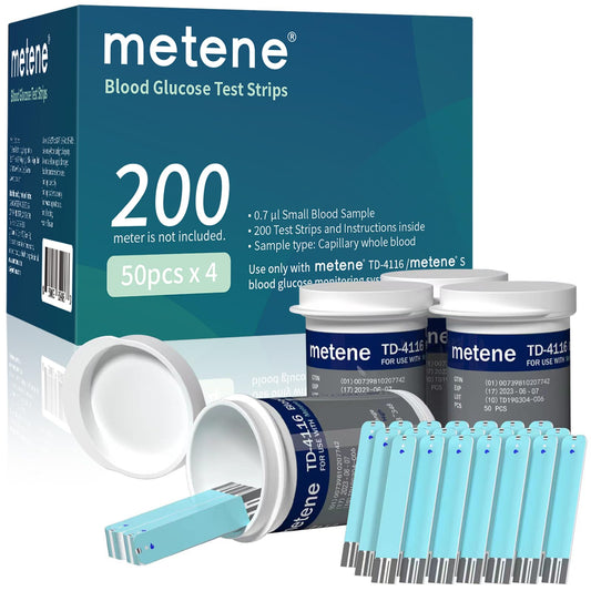 Metene TD-4116 test strips in a 200-count box for cost-effective home testing.