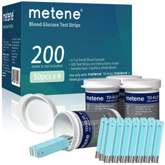 Metene TD-4116 test strips in a 200-count box for cost-effective home testing.