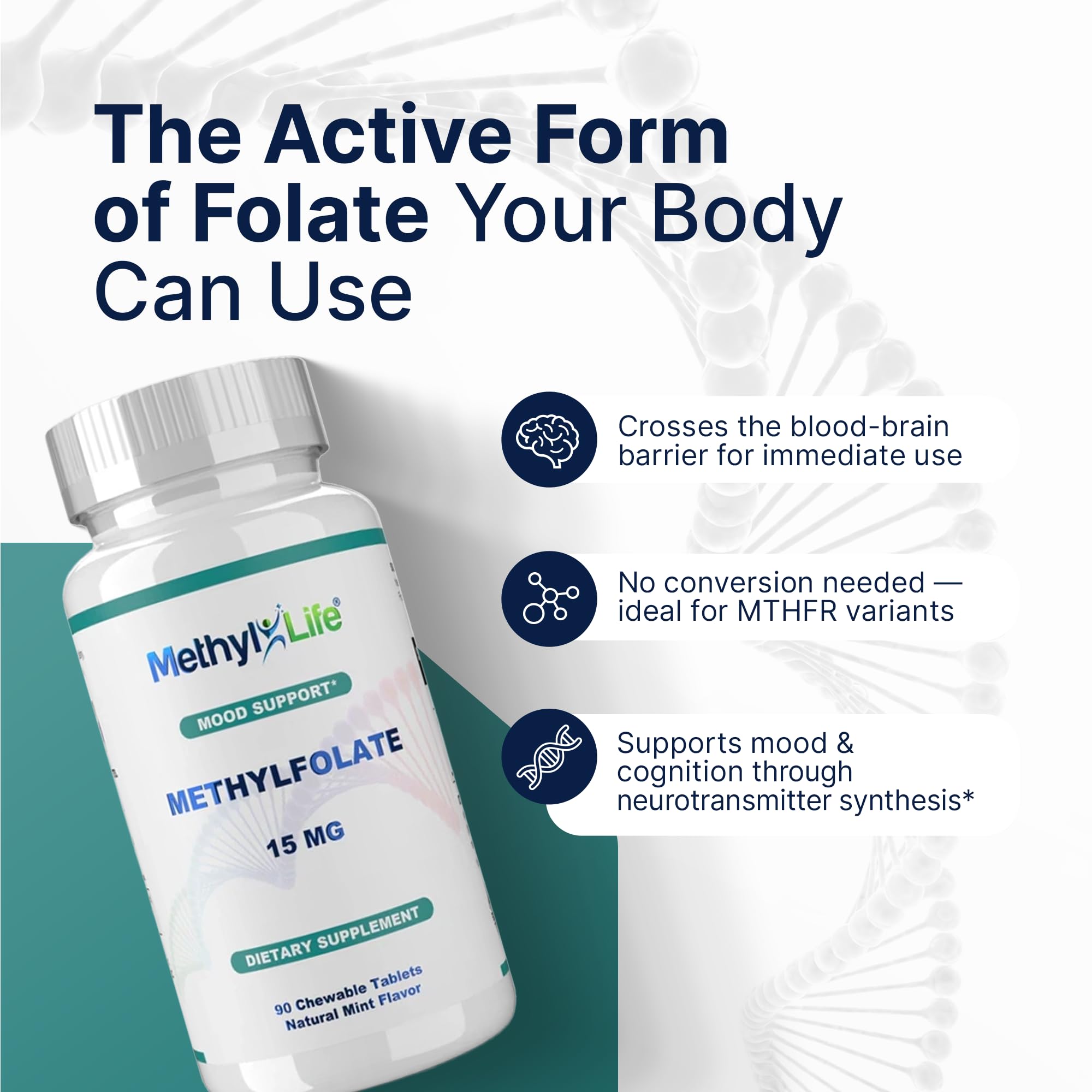 Methyl-Life Cerebrofolate calcium structure emphasizing purity and stability