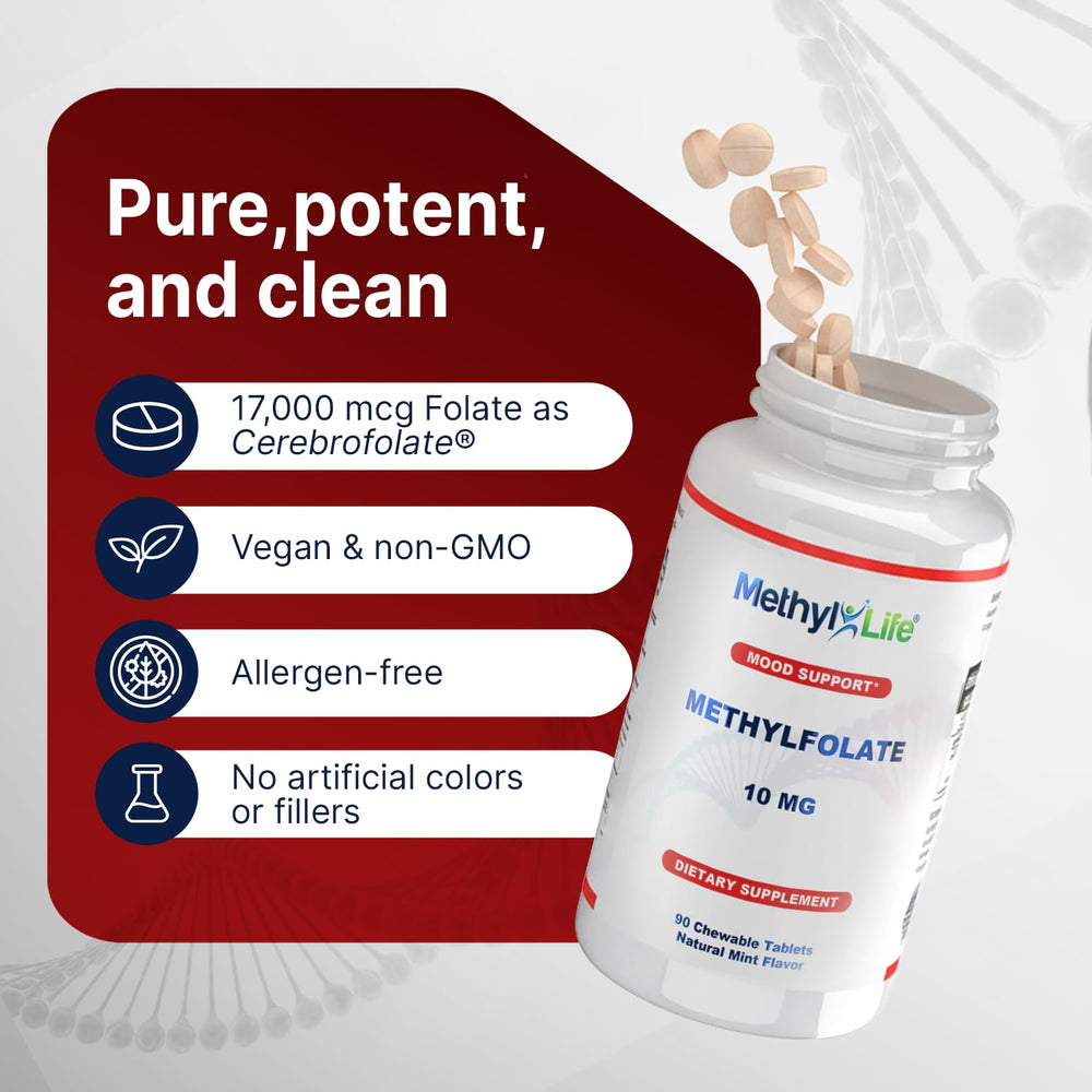 Methyl-Life chewable tablet closeup demonstrates a convenient daily dose.