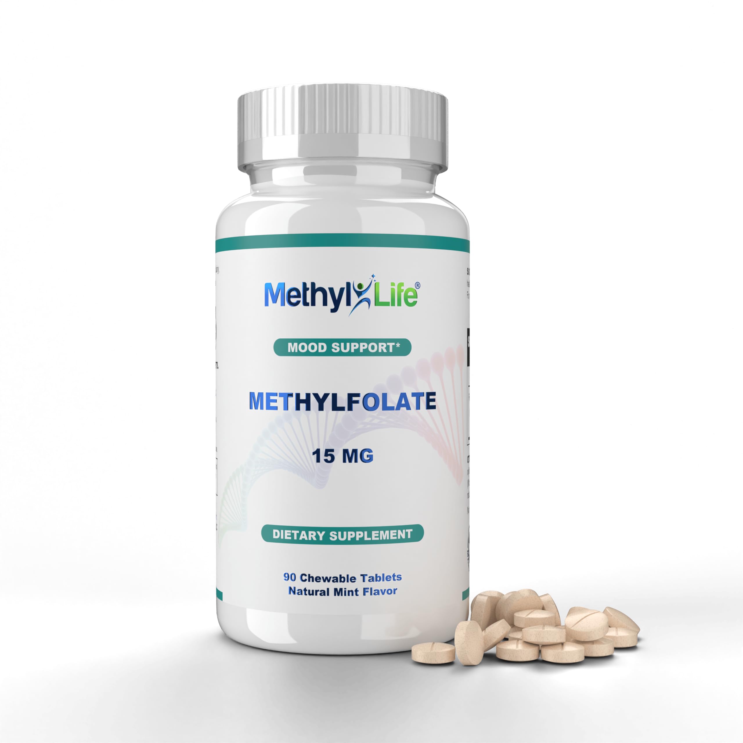 Methyl-Life L-Methylfolate 15 mg chewables bottle showing convenient daily use