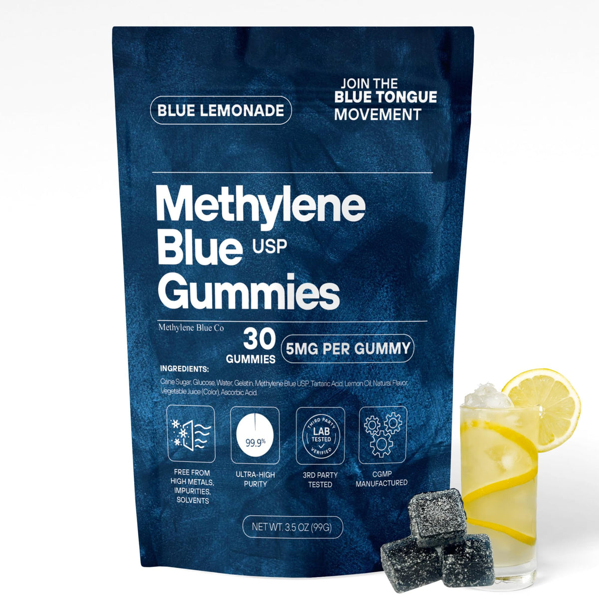 Methylene Blue Co bottle front shows USP 5mg for quick recognition.