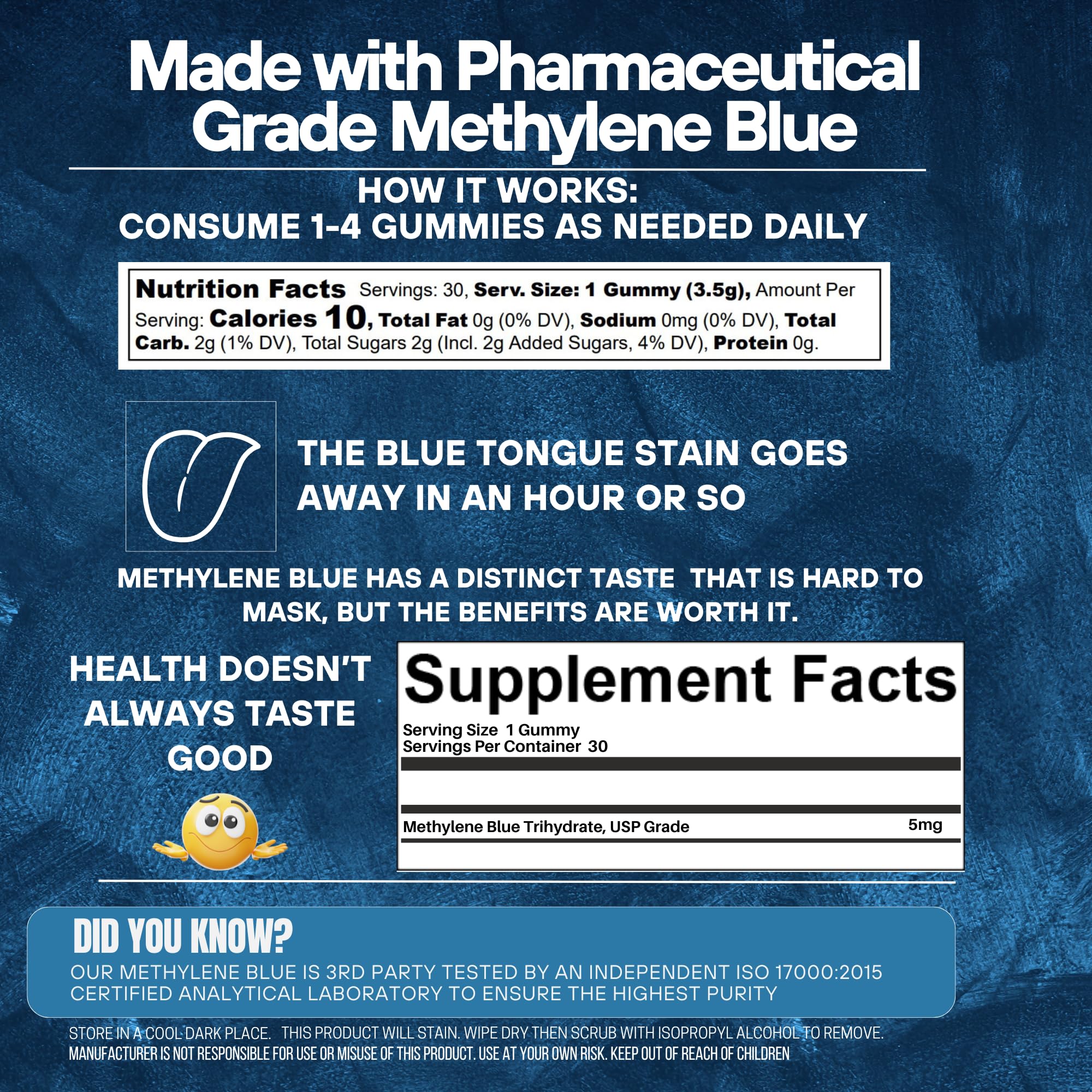 Methylene Blue Co label detail emphasizes clarity and trust.