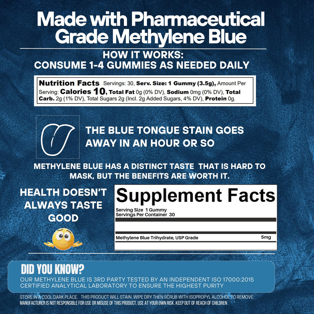 Methylene Blue Co label detail emphasizes clarity and trust.