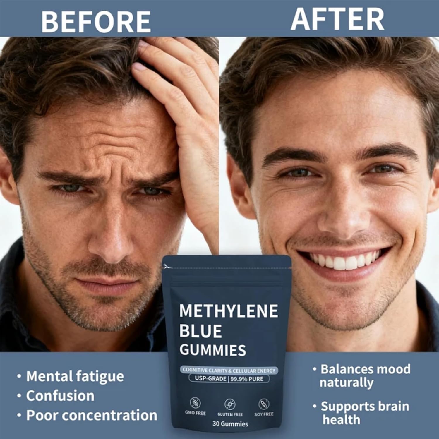 Methylene Blue Gummies bag back with quick glance nutrition