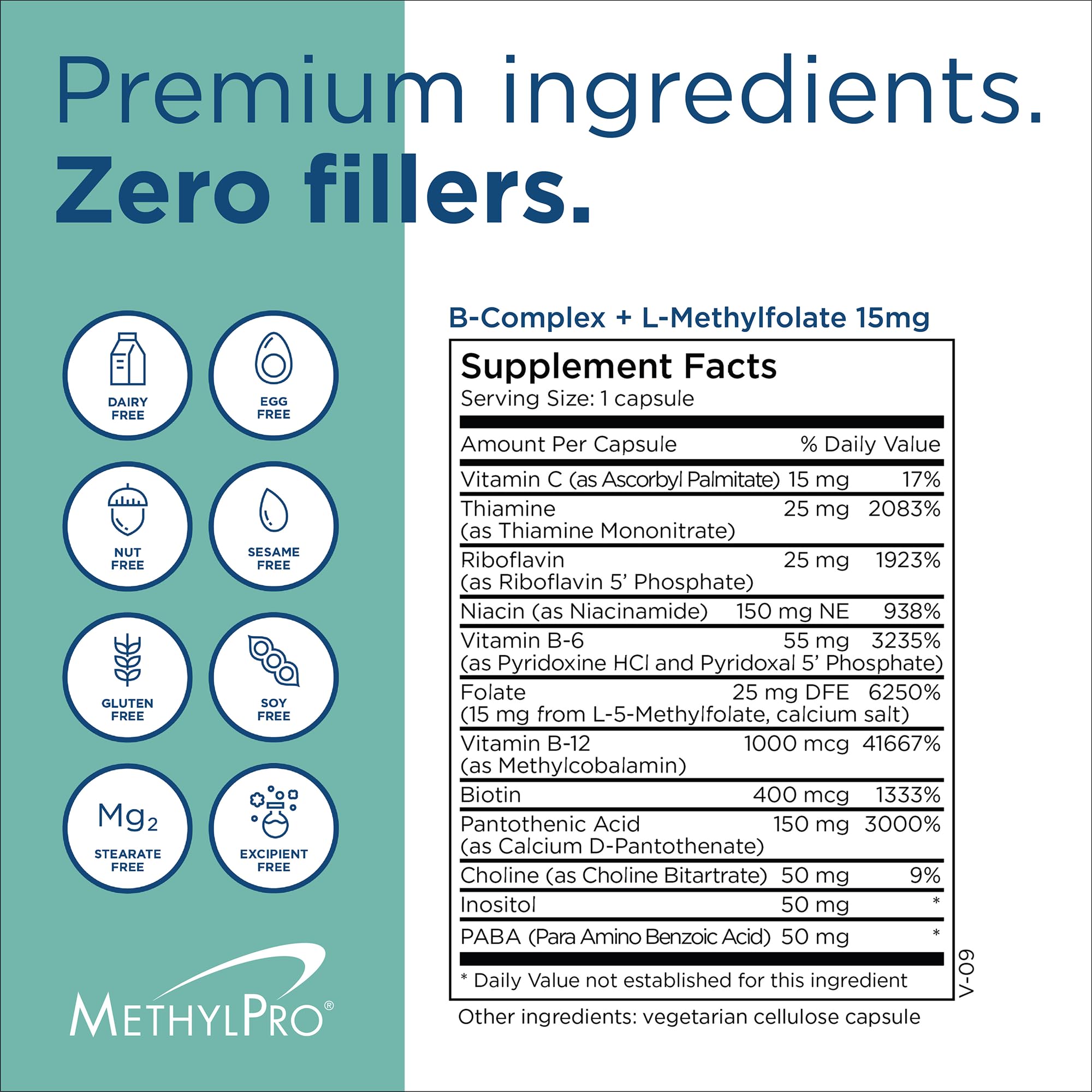 MethylPro B Complex bottle open with capsules visible for easy use.