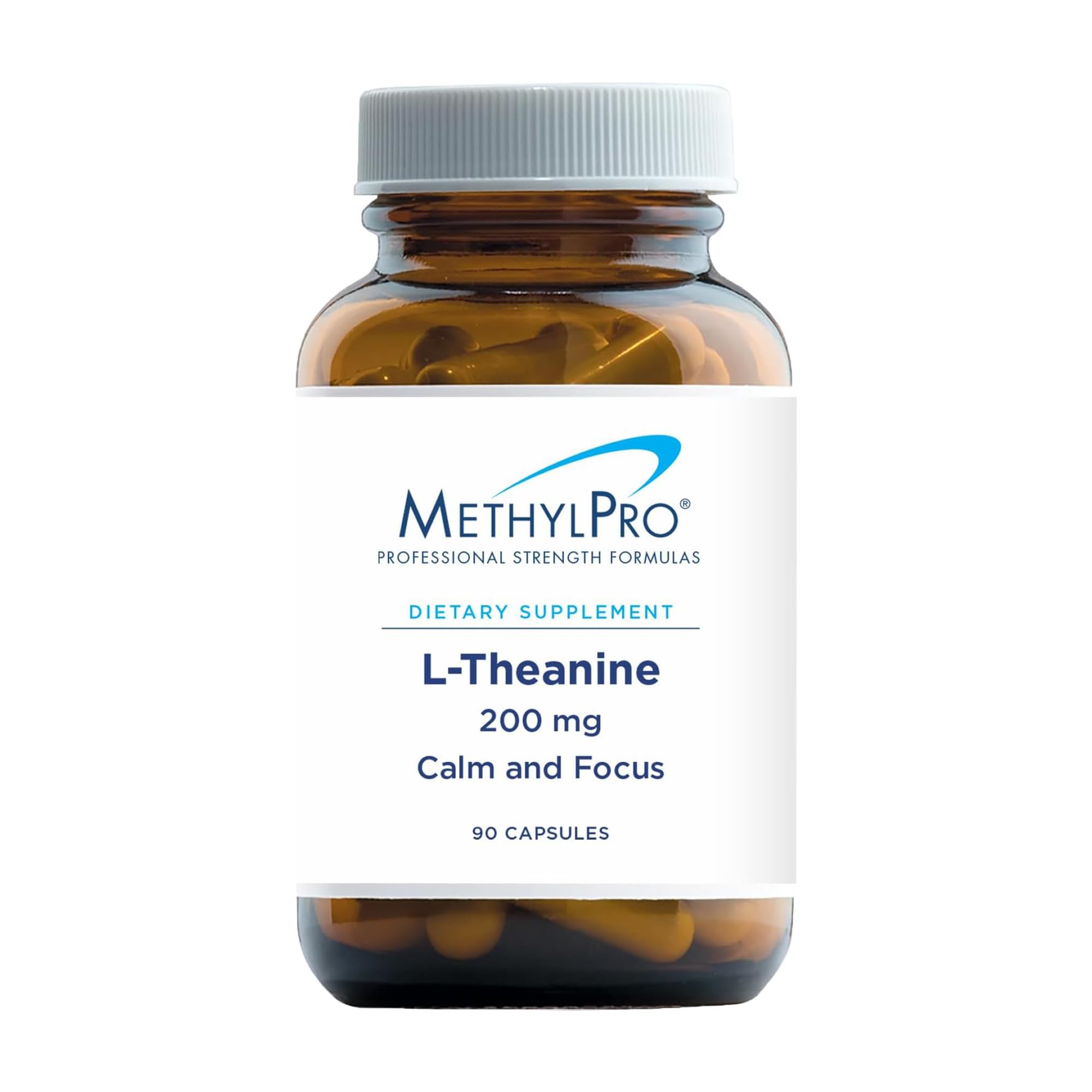 MethylPro L-Theanine 200mg bottle on table showing calm energy and focus