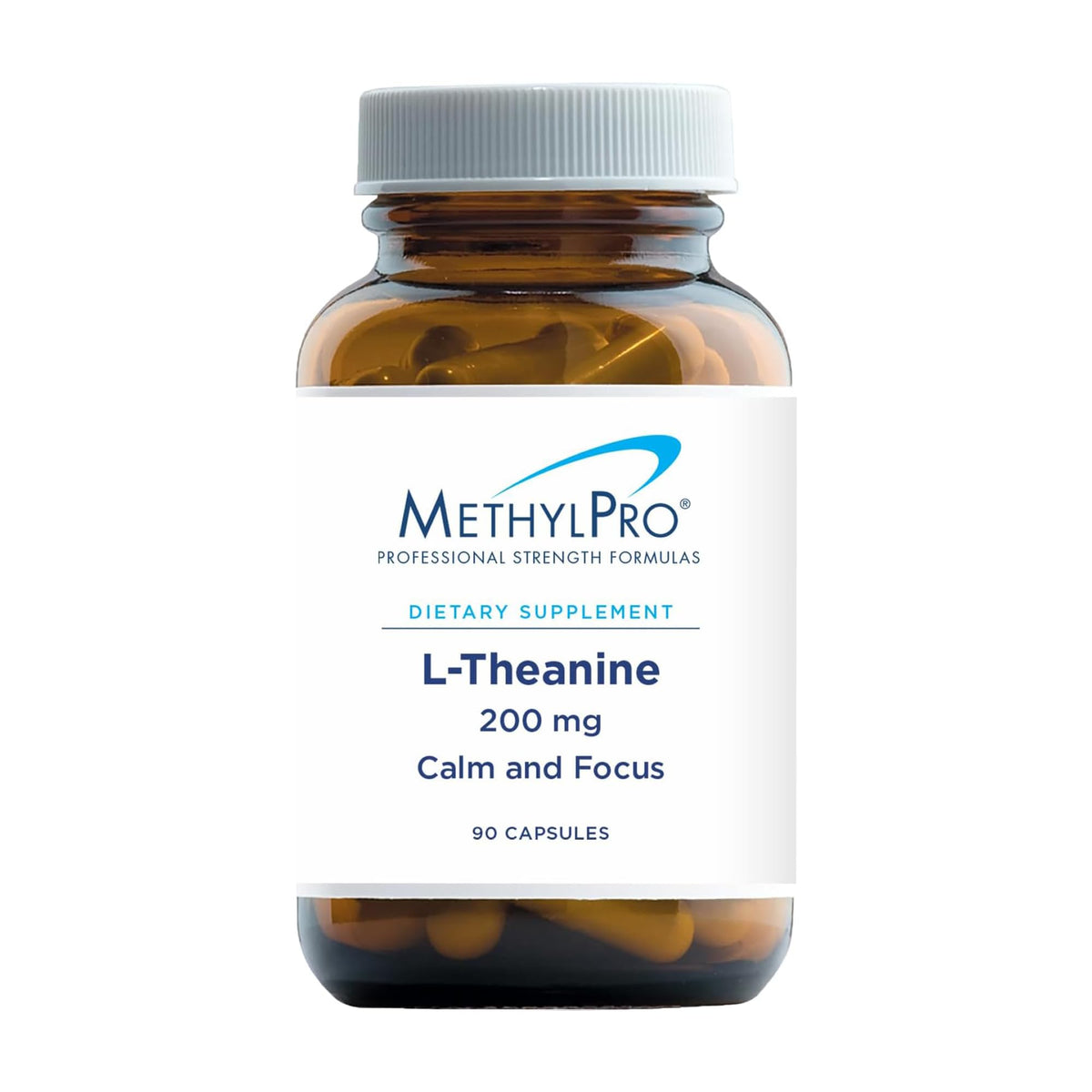 MethylPro L-Theanine 200mg bottle on table showing calm energy and focus