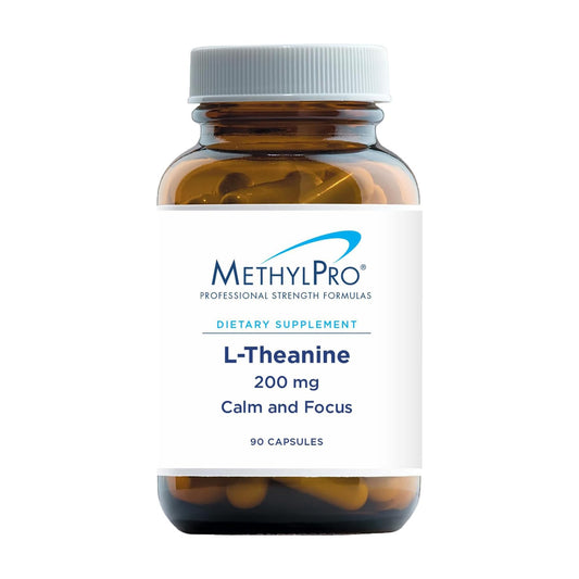 MethylPro L-Theanine 200mg bottle on table showing calm energy and focus