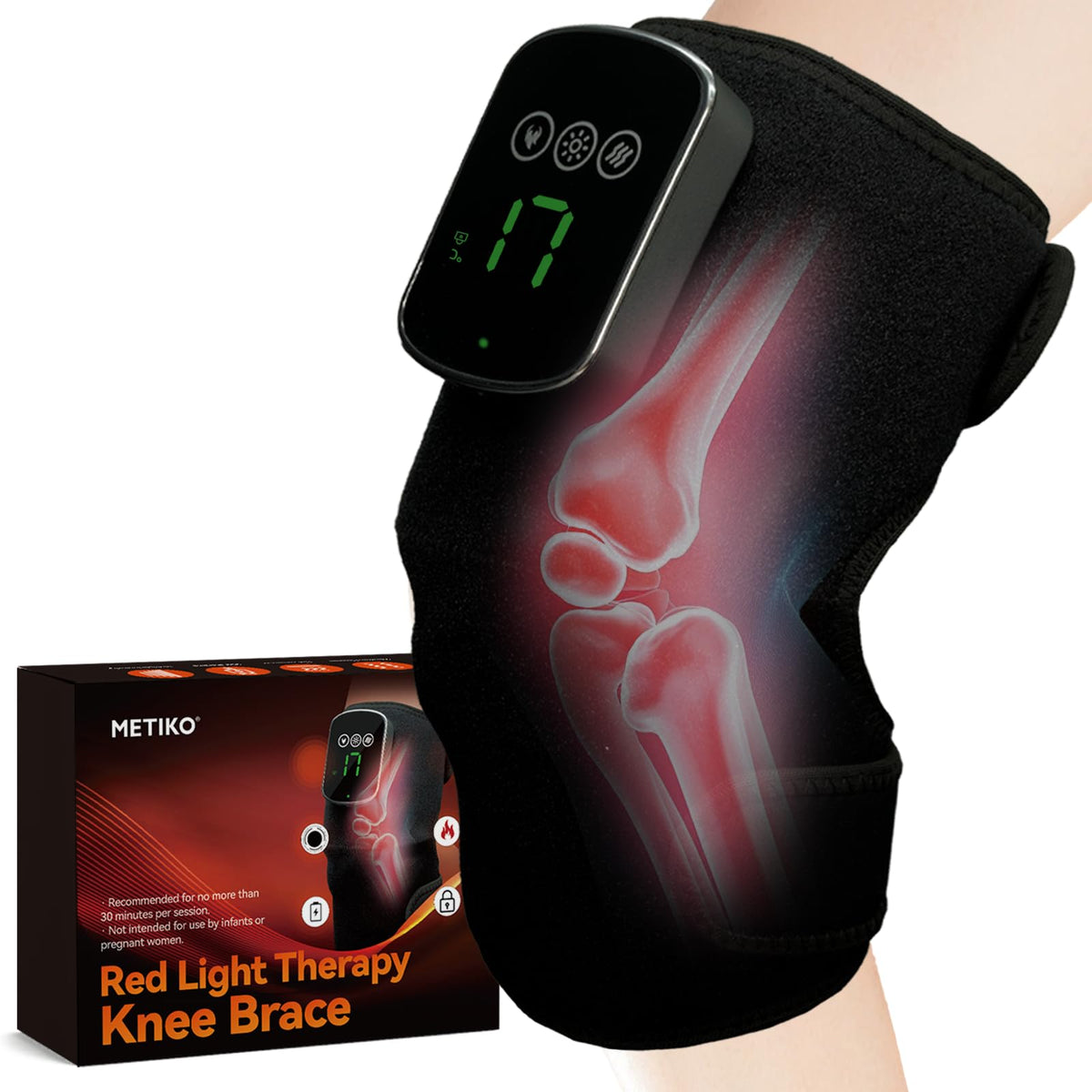 METIKO red light knee brace front view with dual wavelengths for joint comfort