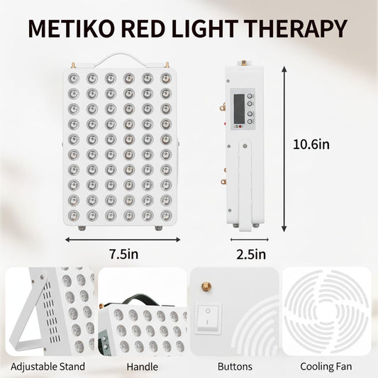 METIKO red light panel shows 660nm/850nm LEDs for surface and deep treatment