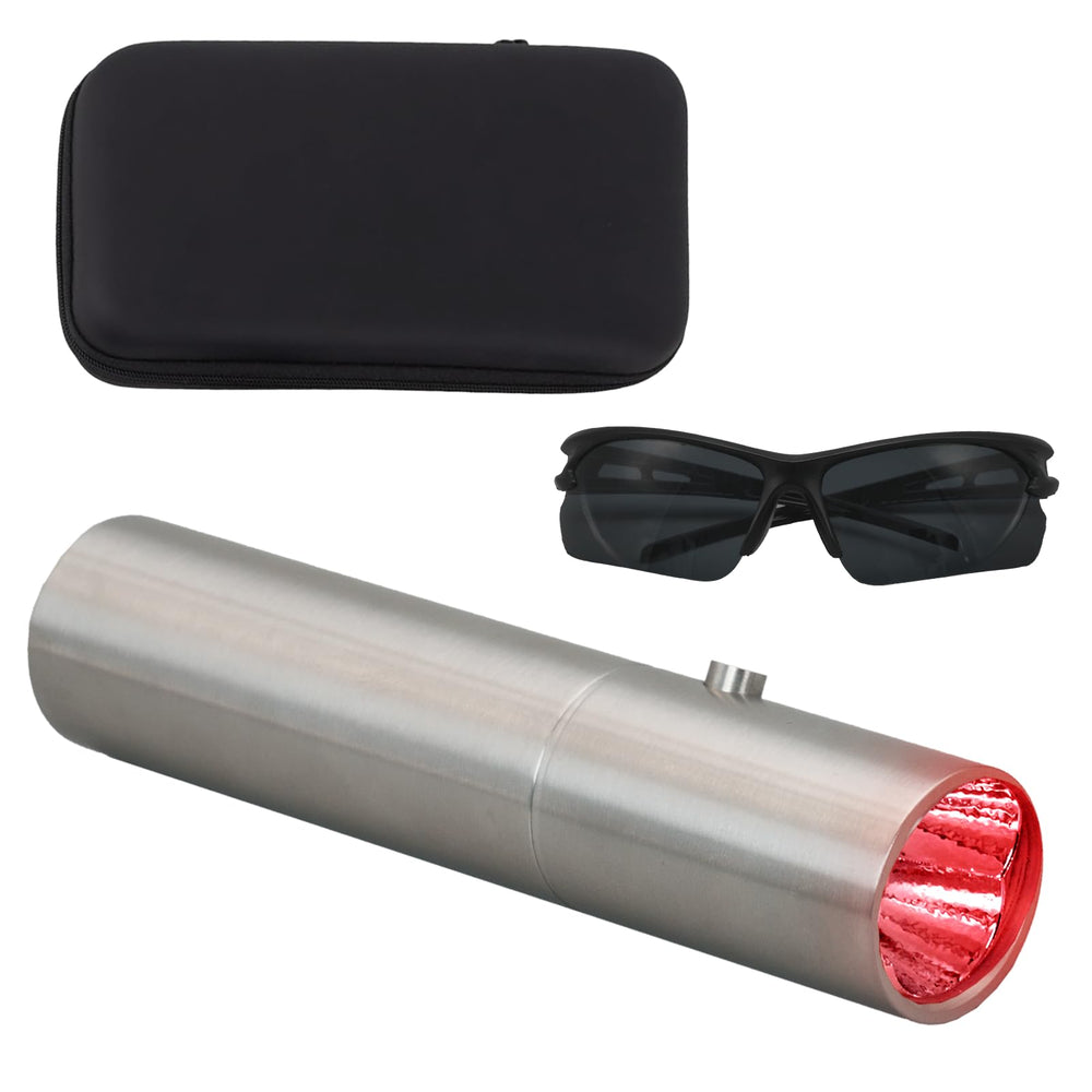 Metiko infrared red light therapy torch showing three wavelengths for targeted relief.