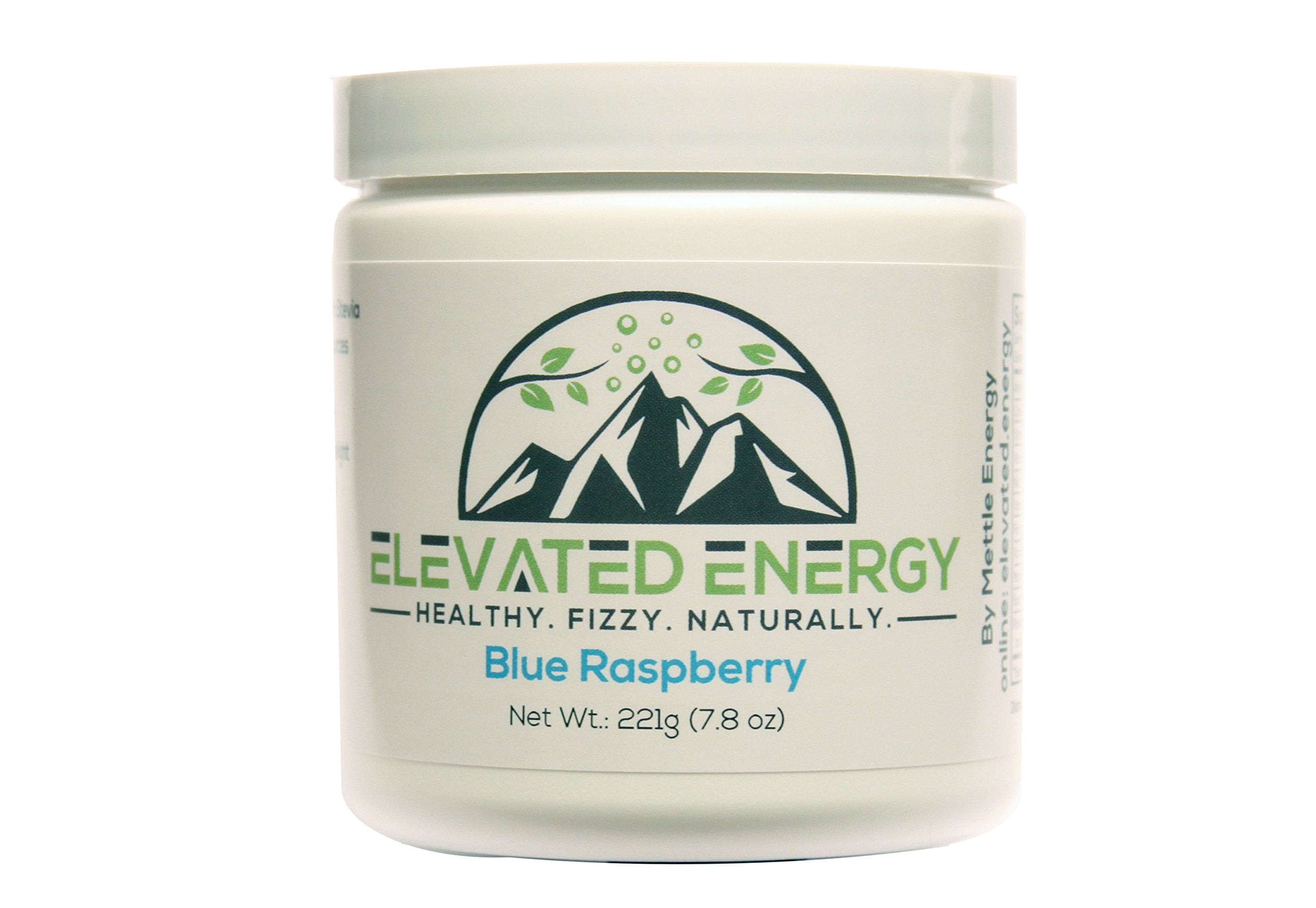 Mettle Energy blue raspberry powder tub ready to mix for a refreshing boost.