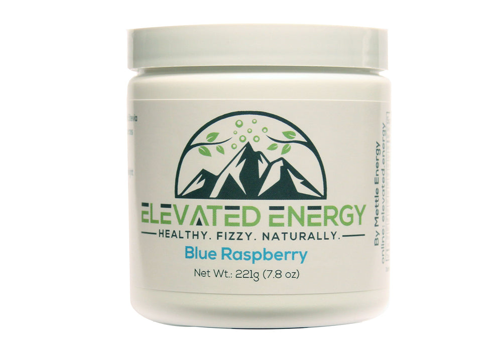 Mettle Energy blue raspberry powder tub ready to mix for a refreshing boost.